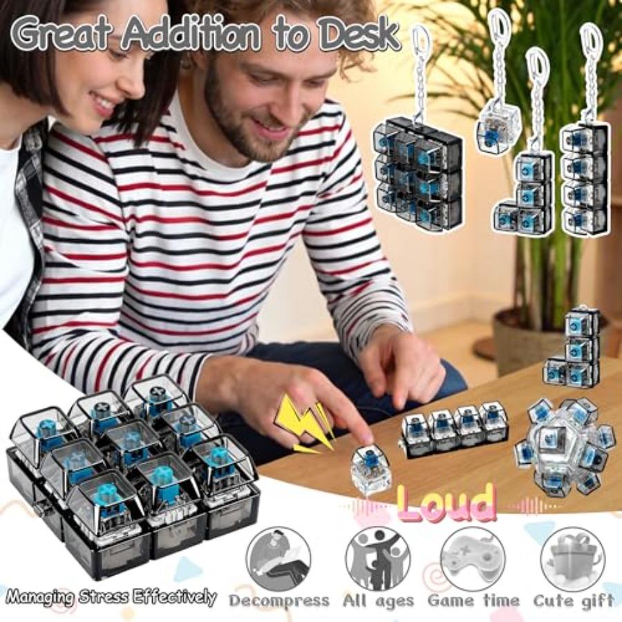5 Pack Keyboard Fidget Keychain Toy For Adult To Stress Relief, 5-Style Keyboard Decompression Button Finger Clicker Toys, Cube