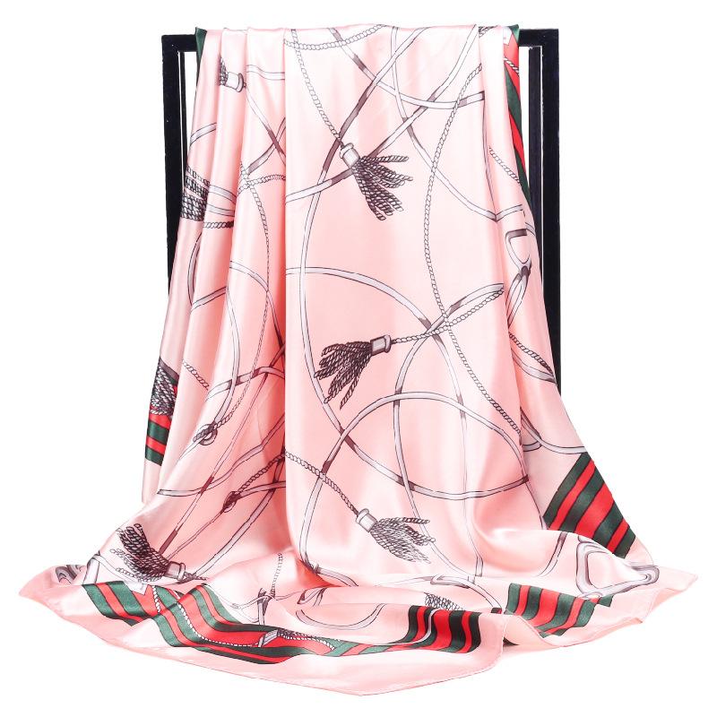 Luxury Women Silk Scarf Square Bandana Design Brand Headband Female Satin Hijab Large Shawl Wrap Lady Kerchief Chain Print New