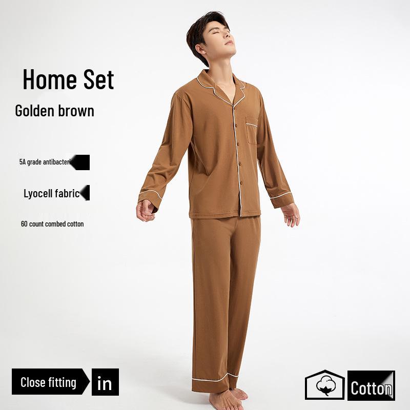 5A Antibacterial Men's Tencel Cardigan Pajamas - Long-Sleeve Lapel Design for Home or Outdoor Wear