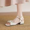 Summer comfortable word with sandals women's casual solid color medium heel sandals women's buckle round head square heel size women's shoes