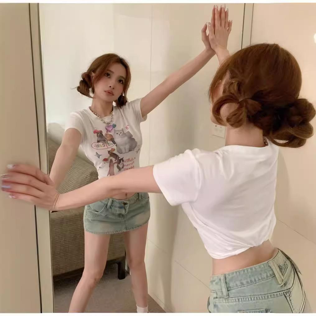 Cat Sweet Spice Girl Short Sleeve T-Shirt Women's Summer Design Sense Niche Pure Desire Sexy Skinny Shoulder Short Top