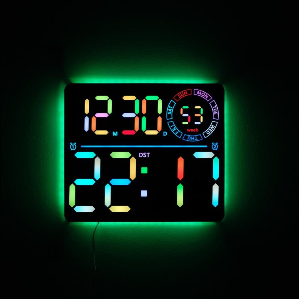 

LED Digital Wall Clock with RGB Color Changing Display Large Screen Date Temperature and Dual Alarm Function for Home Decor