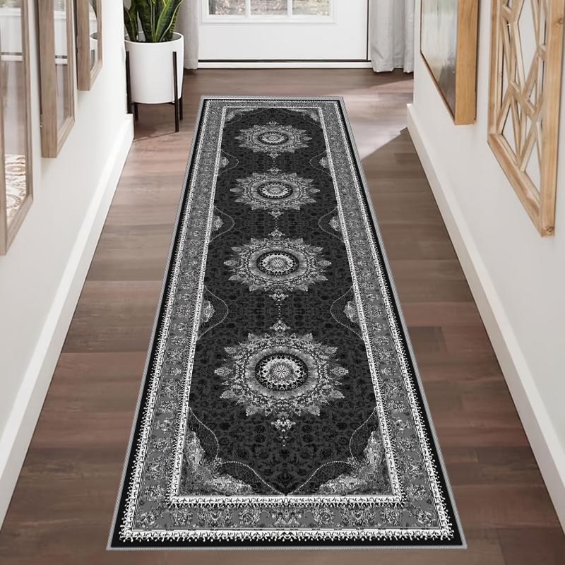 Vintage Persian Runner Rug for Hallway Entryway Non-Slip Washable Floor Mat Black White Medallion Long Carpet Home Decor