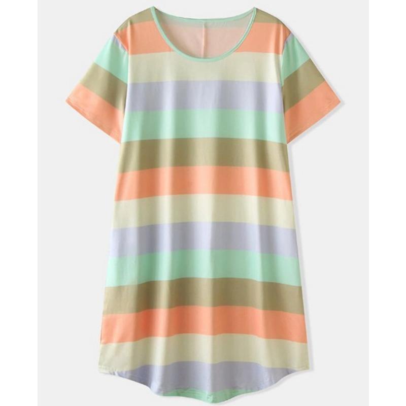 Plus Size Women's Summer Short Sleeved Rainbow Striped Loose Pajama Dress