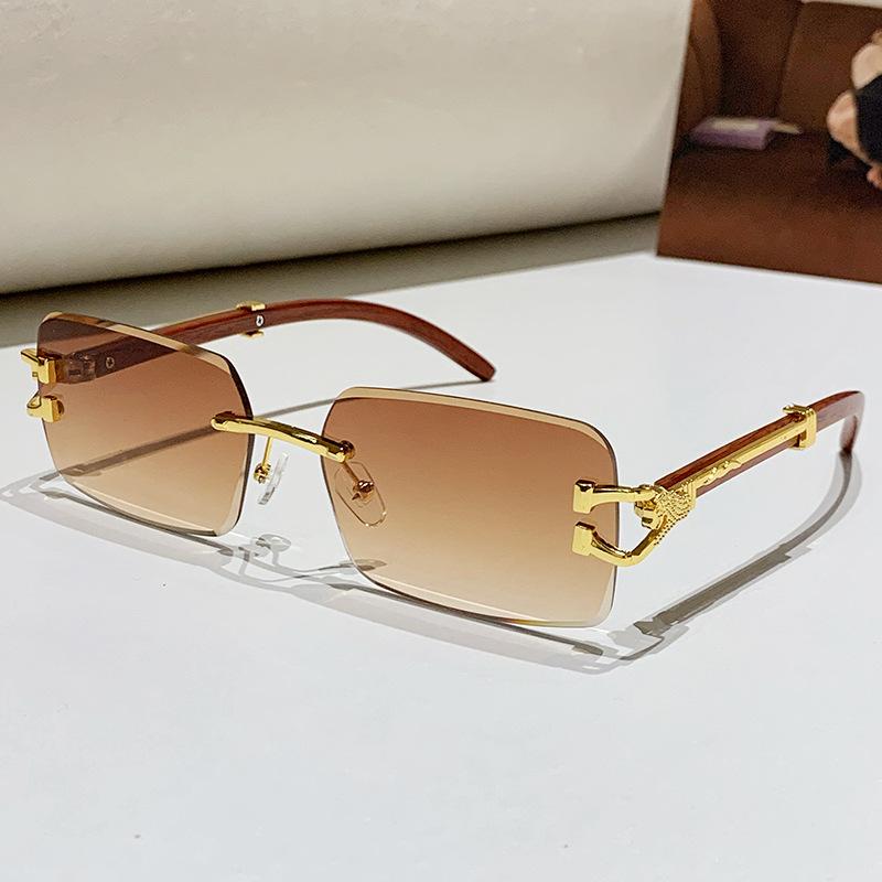 Frameless Trimmed Leopard Head Sunglasses Marine Piece Glasses Retro Cheetah Double Beam Square Sunglasses Women
