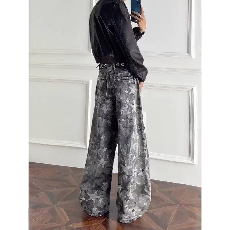 New Washed Star-printed Jeans for Men, Casual Wide-leg Long Pants