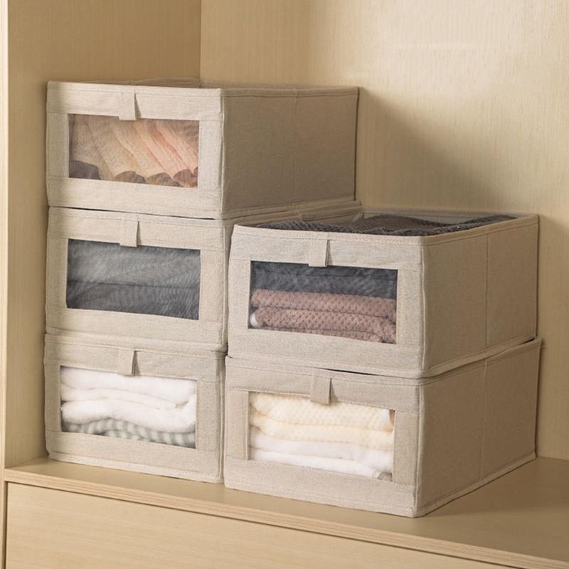 4 Stück Atmungsaktive Beige Leinen Aufbewahrungsboxen mit Klarsichtfenster Faltbare Schrankorganizer für Kleidung Bettwäsche und Spielzeug