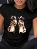 Women's Leopard Print Bow High Heel Graphic Casual Women T-Shirt Black Round Neck Short Sleeve Top Harajuku Summer Tee