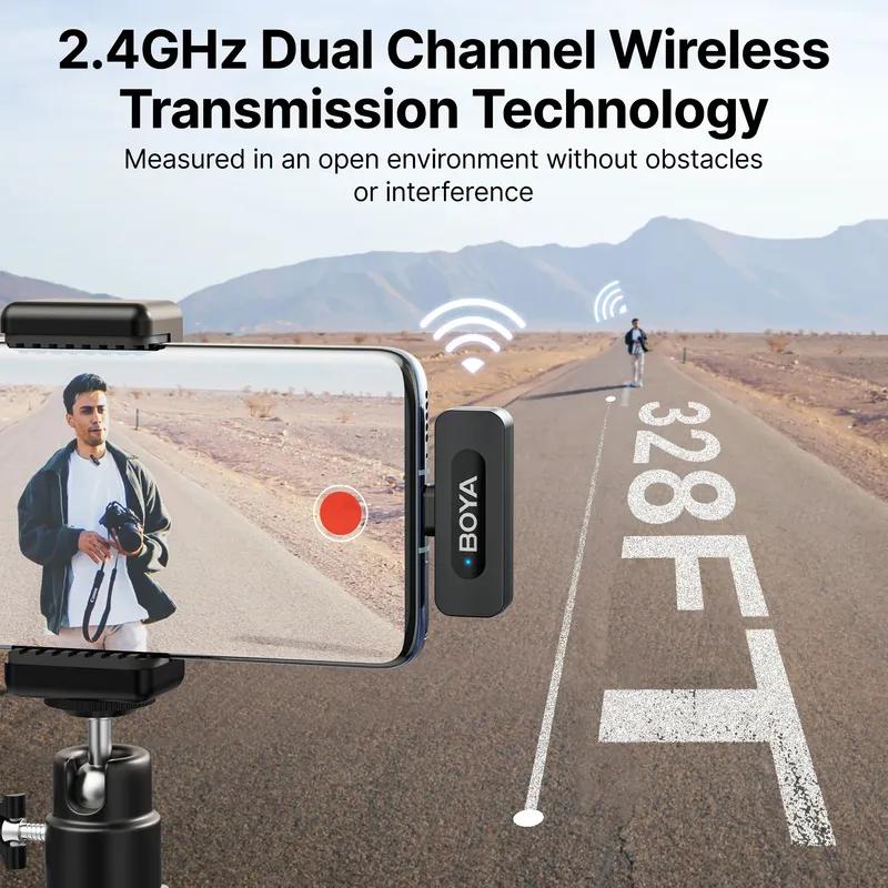Microfono lavalier wireless BOYA BY-V3 con clip, microfono ricaricabile con cancellazione del rumore per iPhone, Android, fotocamera, live streaming, vlogging