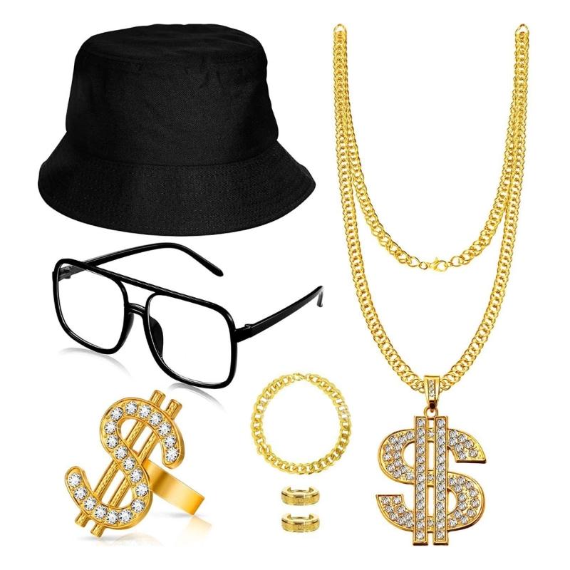 

1980s Hip Hop Punk Jewelry Set 1980s Disco Jewelry Accessories for Men Women with Necklace Earrings Bracelets Glasses