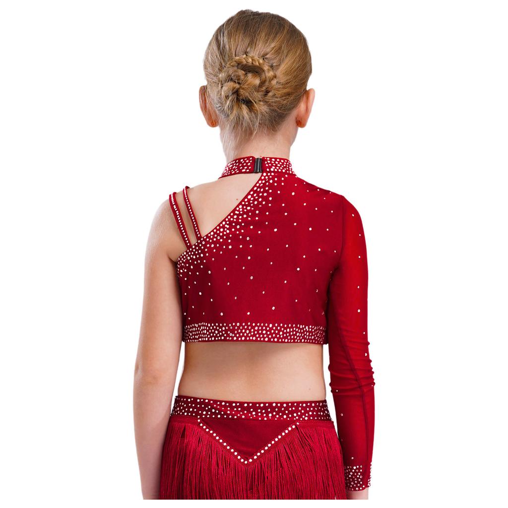 Girls Dance Costume Set Sparkly Rhinestones Crop Top with High-Low Chiffon Skirt