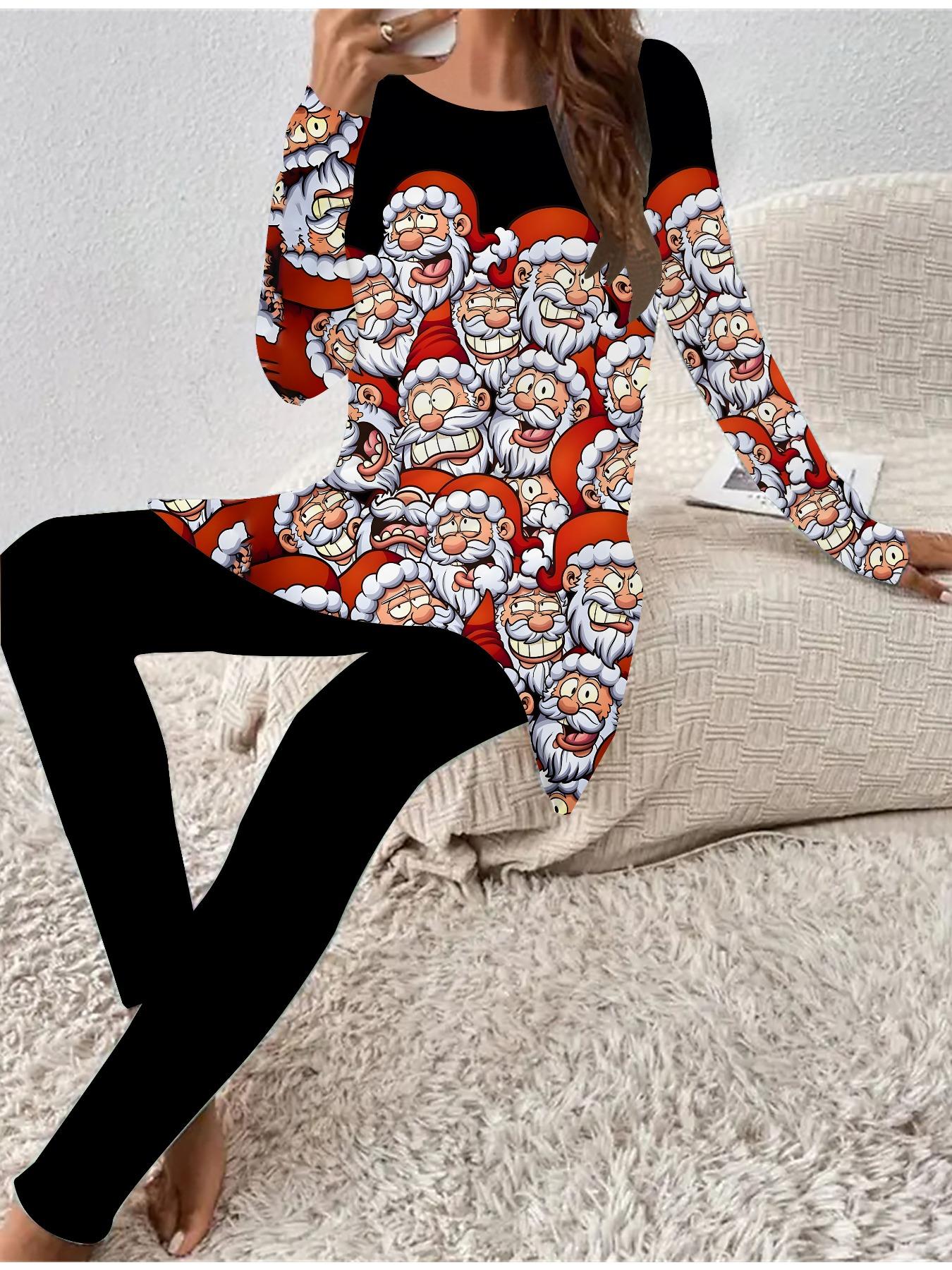 

Евро-американская мода 3D Рождественский принт Женский четырехсезонный комплект из двух предметов: футболка с длинным рукавом + длинные брюки. Идеальный подарок на Новый год и Рождество 8XL красный