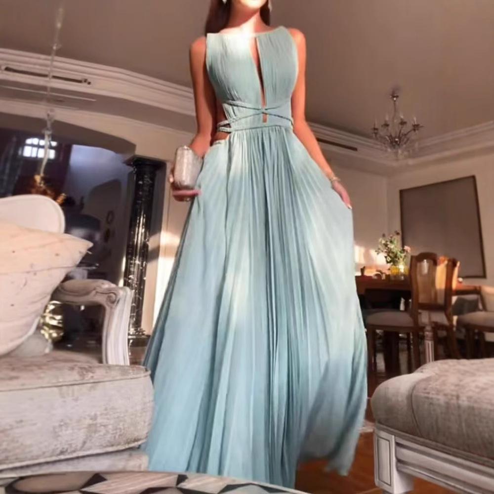 Vestido Largo Plisado de Cuello Redondo Hueco sin Espalda y Cintura Alta
