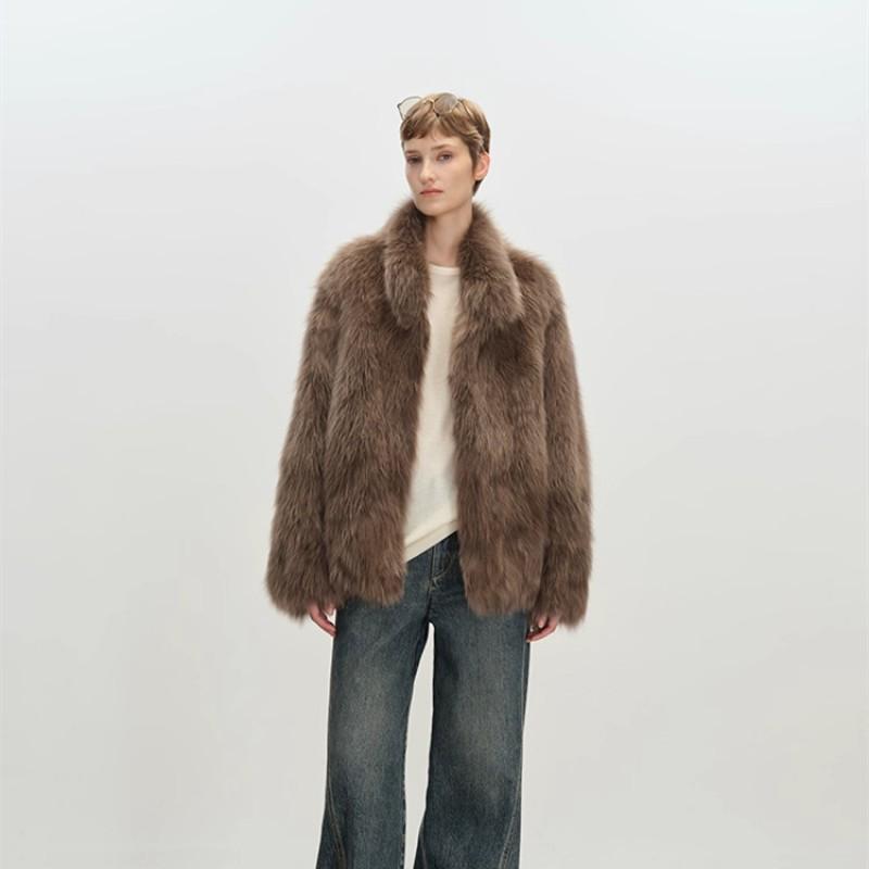 Womens Mid-Length Faux Fur Coat With Stand Collar Winter Warm Outerwear Casual Korean Style