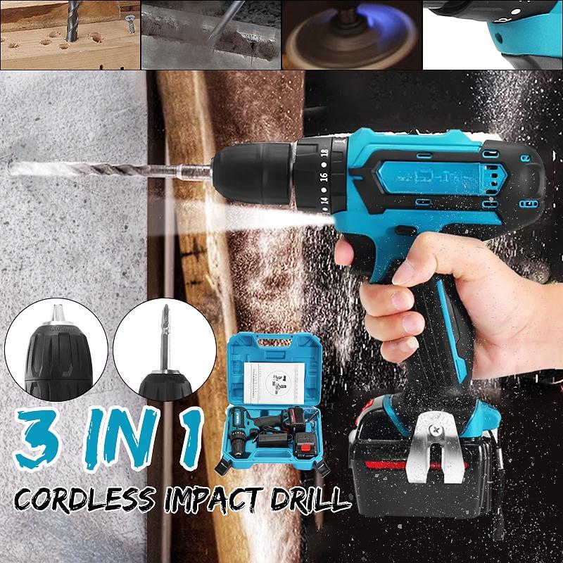 Adjustable Cordless Electric Impact Drill Hammer Screwdriver 3in1 LED Working Ligh Rechargeable 21V/12V Lithium Battery New