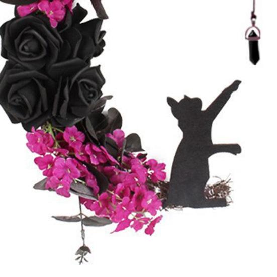 Halloween Wreath for Front Door Black Cat Moonlight Garland LED Lights Door Decor with Purple Flowers Indoor Outdoor Spooky Party Decoration