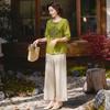 Women's Chinese Style Embroidered Top & Wide-Leg Pants Set