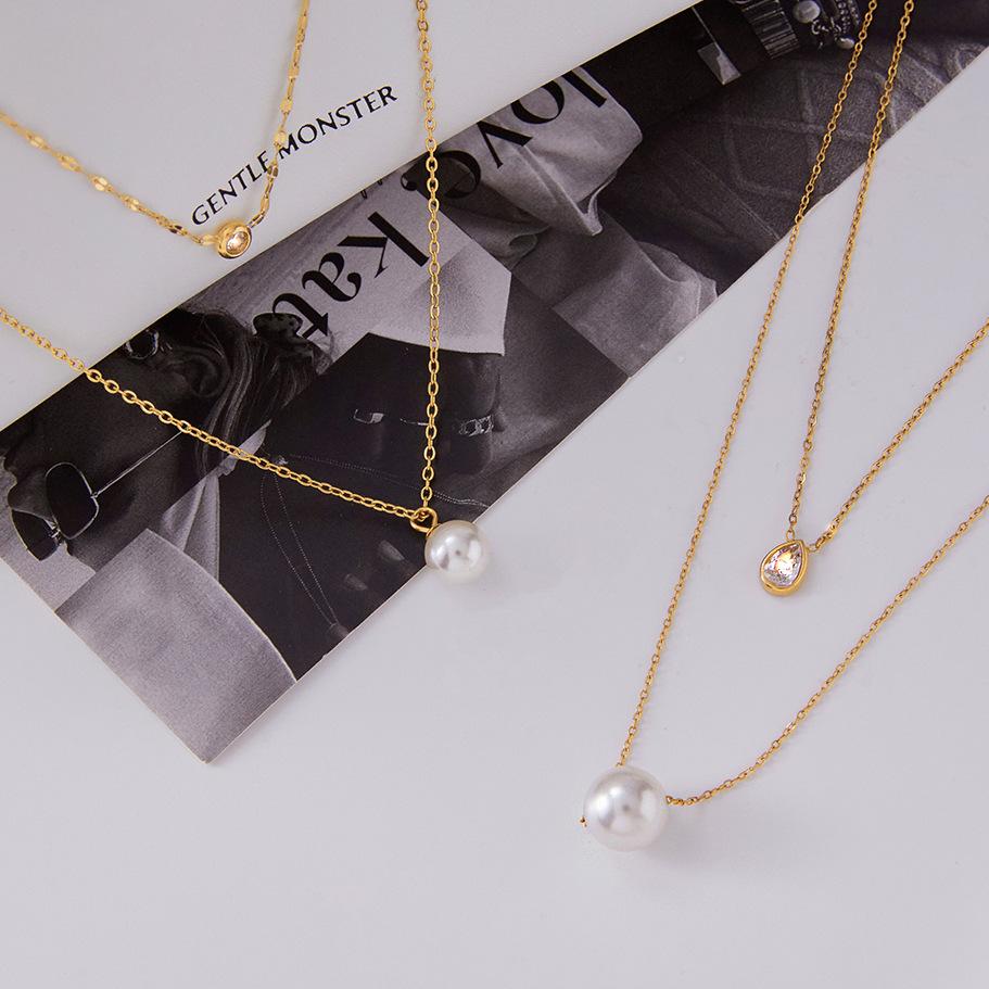 Titanium Steel Imitation Pearl Necklace Collarbone Chain Stainless Steel European and American Zircon Jewelry