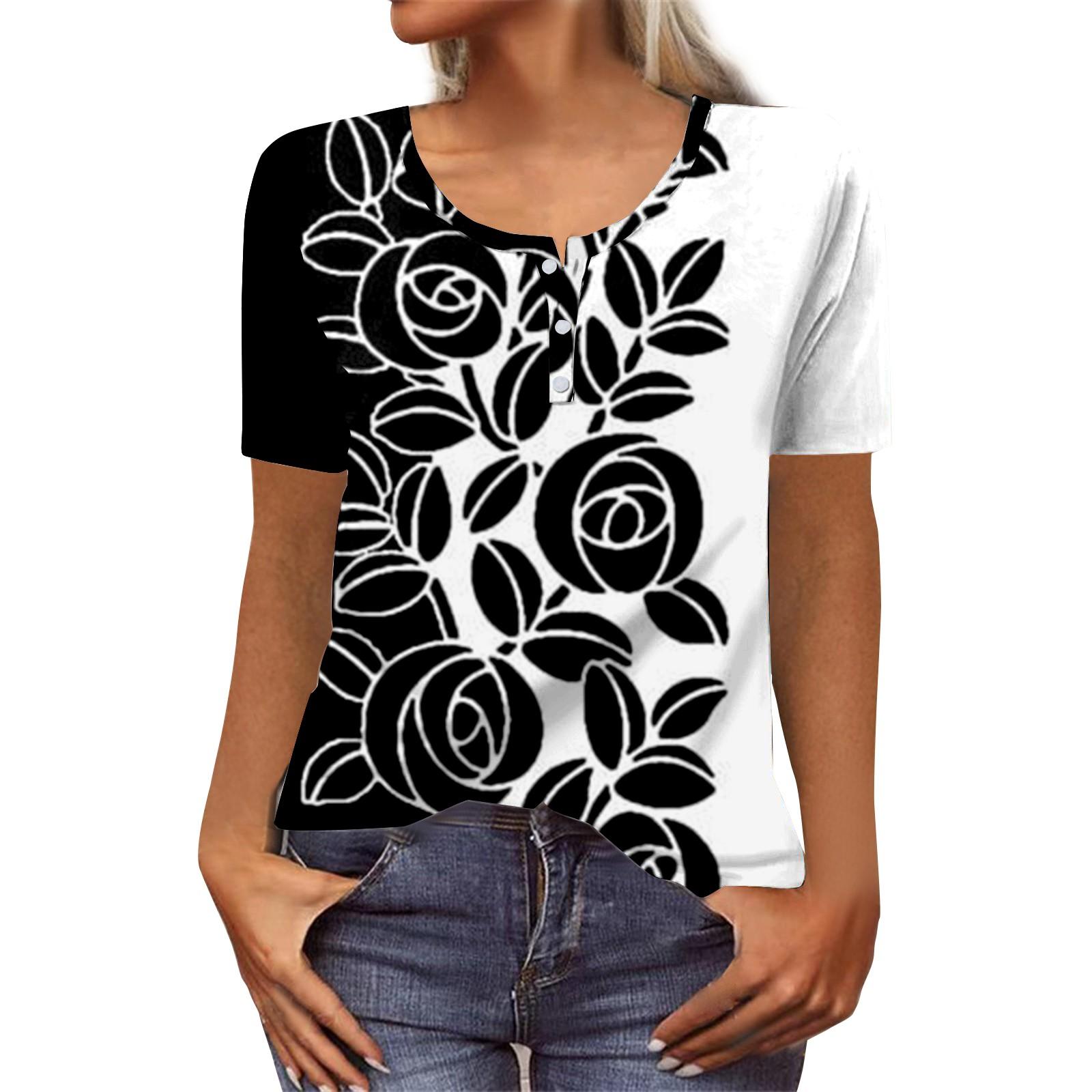 

Women s New Button V-Neck Fashion Print Short Sleeve Retro Print T-Shirt Slim Top Casual Tops M чорний