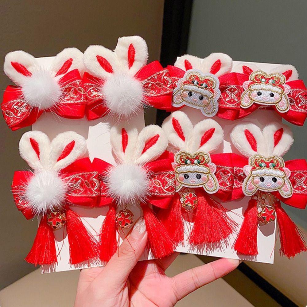 Tassel Children Red Hairpin Bunny Chinese New Year Headwear Lovely Plush Rabbit Hairpin Girls