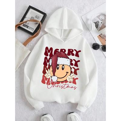 Autumn Casual And Fashionable Children's Smiling Cartoon Pattern White Hooded Sweatshirt, Suitable For Outdoor Travel