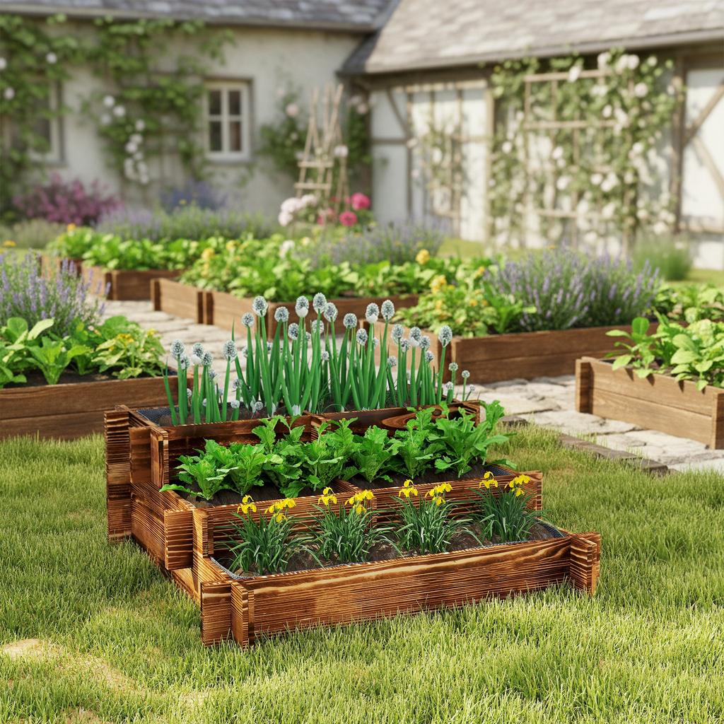 3-Level Garden Bed with Ladder Design and Non-Woven Fabric for Crops Flowers 93x93x35 Cm Charred