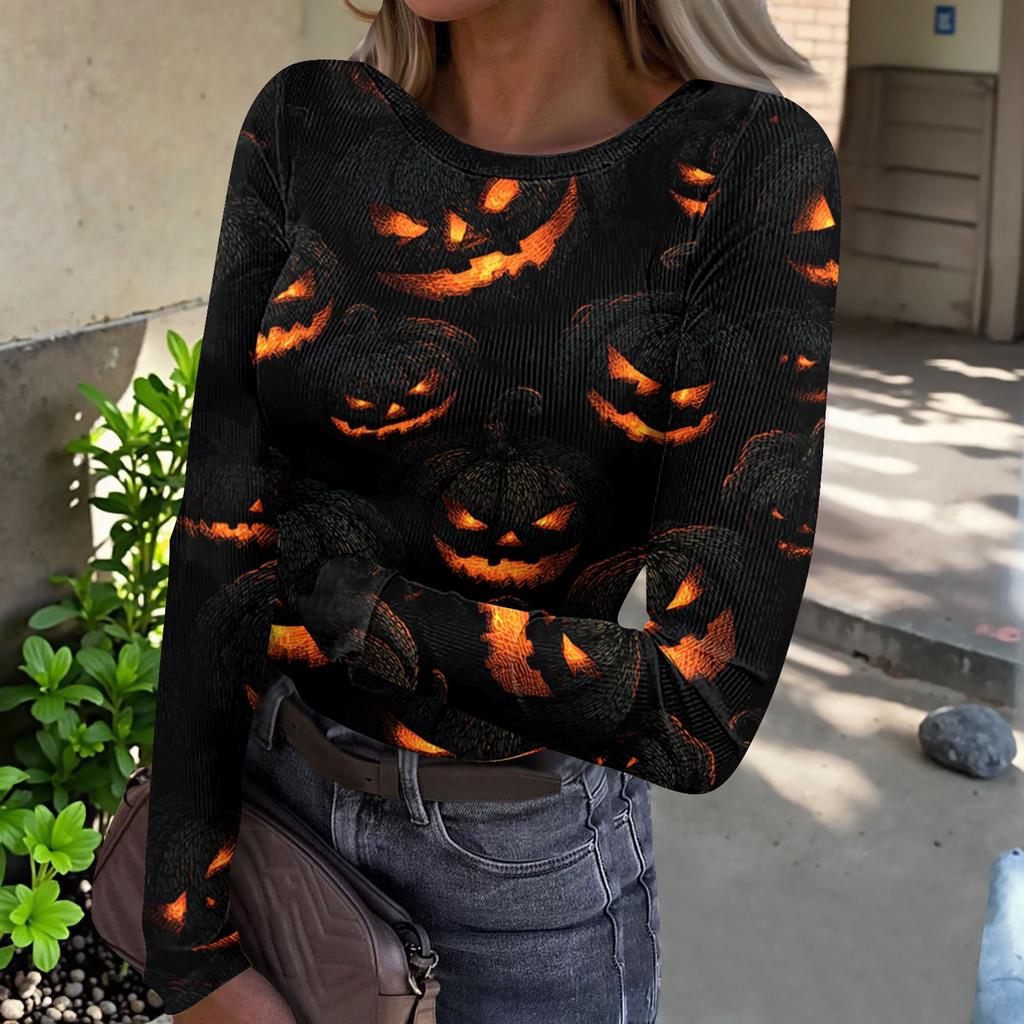 Women Casual Long Sleeve Ribbed Top Halloween Pumpkin Print Round Neck Slim Fit Stretchy Shirt