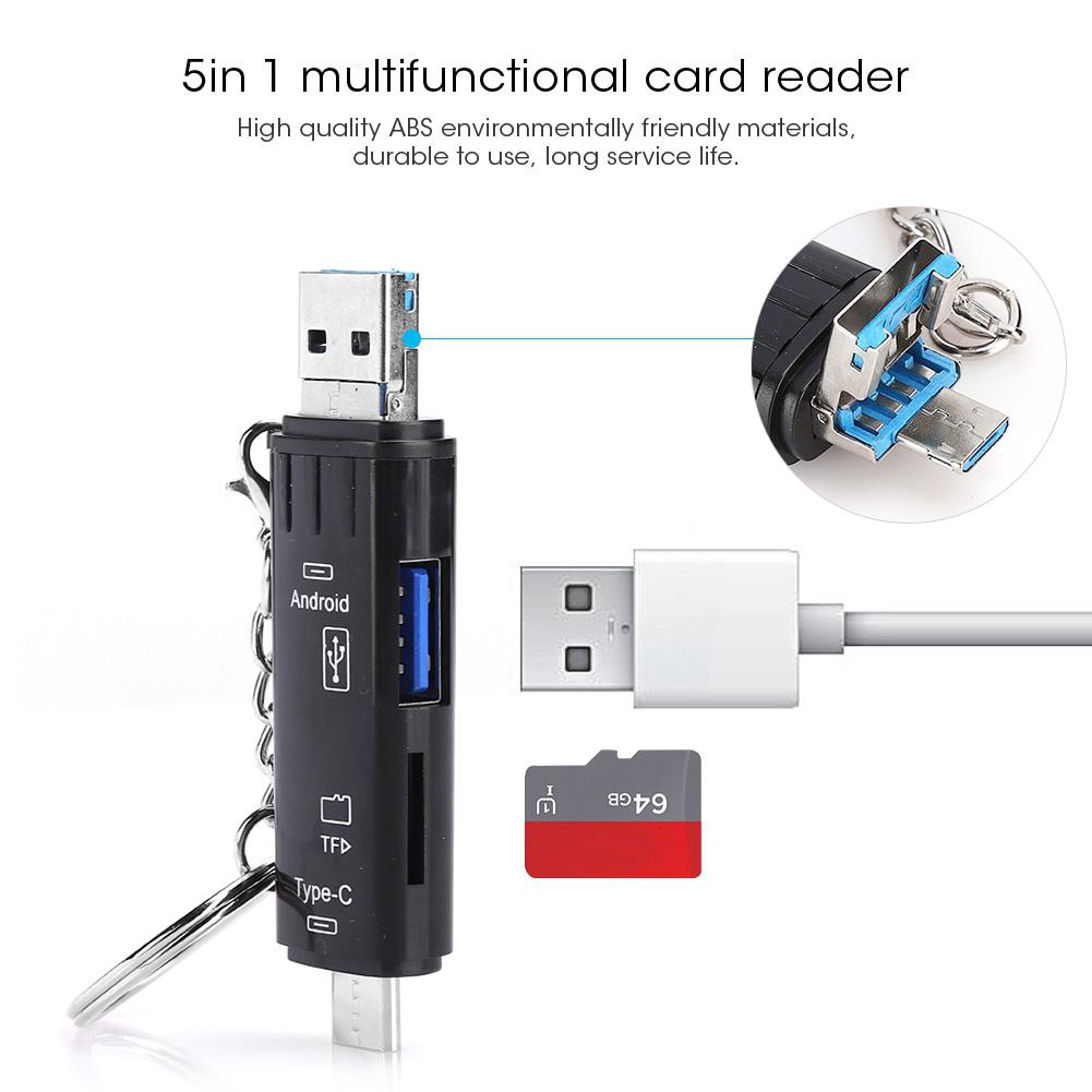 5 in 1 Type C OTG USB2.0 Multi Function Card Reader Memory Card Micro Memory Card Adapter(Black )