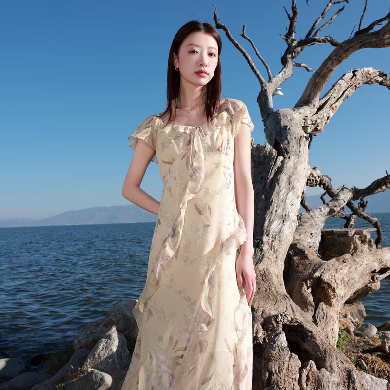 

SanCai Women s Plus Size French Floral Chiffon Ruffle Dress 2XL