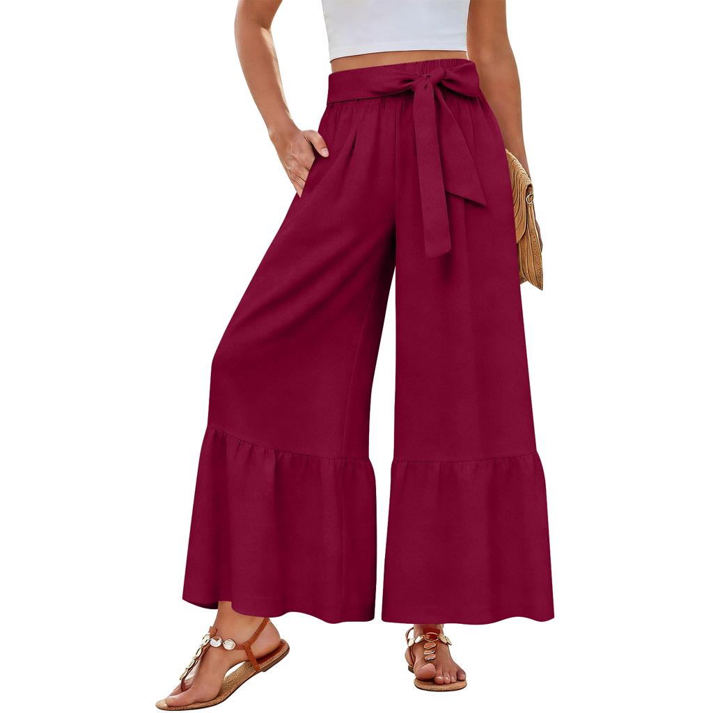 Women's Wide-Leg Casual Pants With Drawstring, Stretch, High Waist, Ruffled Hem, Wide Legs, Belted, And Pockets