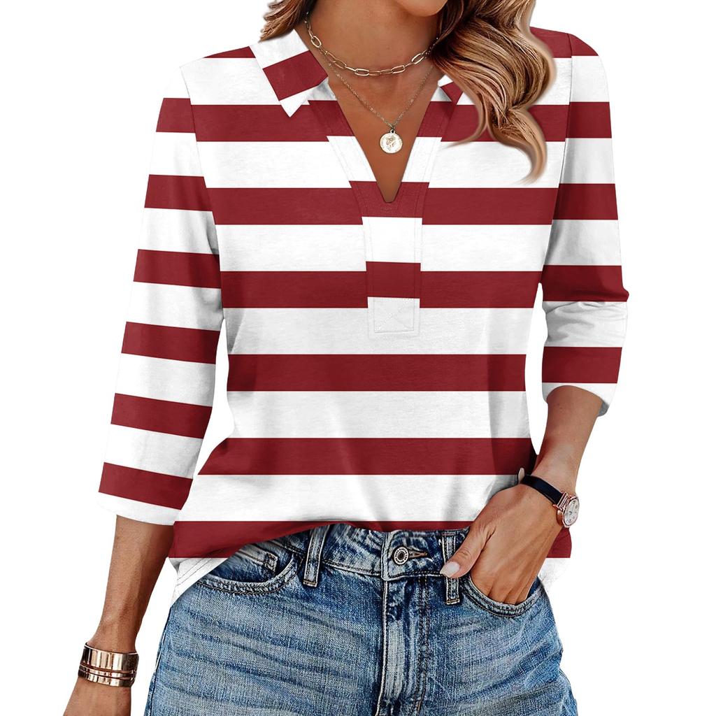 Women's Fashionable Casual Lapel T-Shirt With Striped Patchwork Print Seven Quarter Sleeve Top