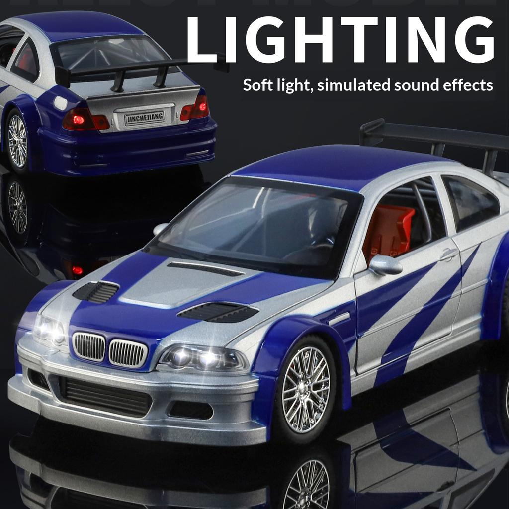 1/24 M3 GTR E46 Alloy Die-cast Car Model Simulation Sound and Light Pull-back Boy Toy Car Desktop Display Ornament Birthday Gift