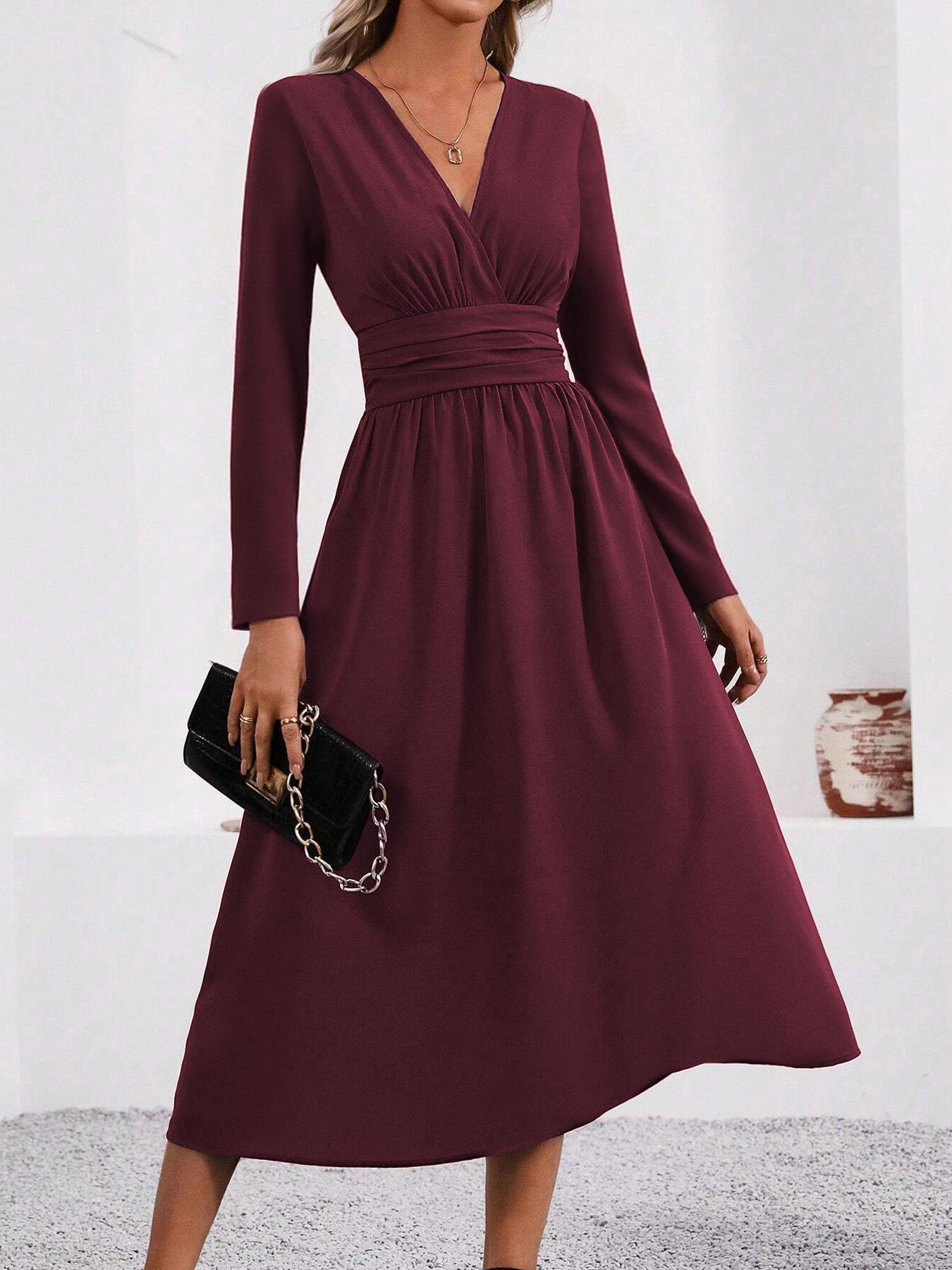 Women s V-Neck Long Sleeve Ruched Waist Dress for Autumn/Winter S красный/фиолетовый