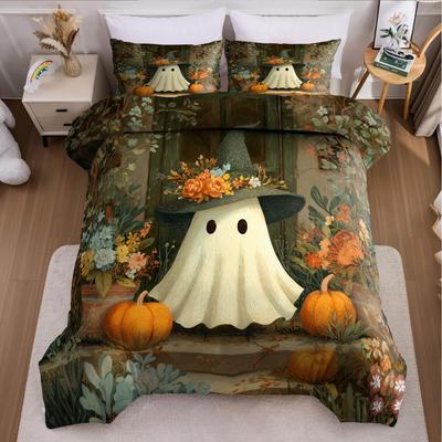 3-teiliges Halloween Kürbis Monster Bettbezug-Set ohne Füllung, Bettbezug mit 2 KissenbezügenWeich und Maschinenwaschbar