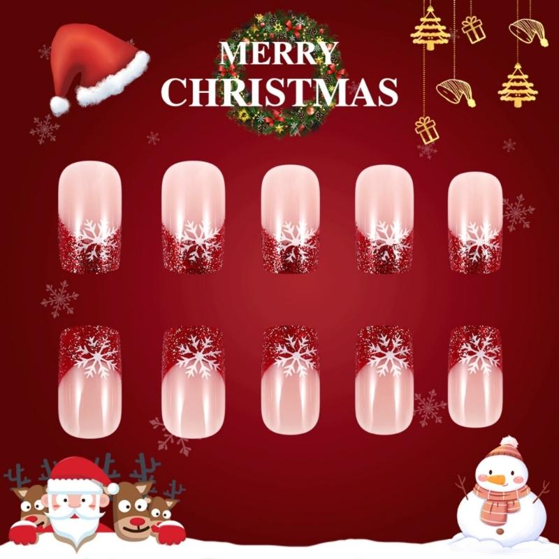 Christmas Themed Press on Nail Snowflake Nail Set Quick Application Manicure Nail Decoration for Parties 24 Pieces