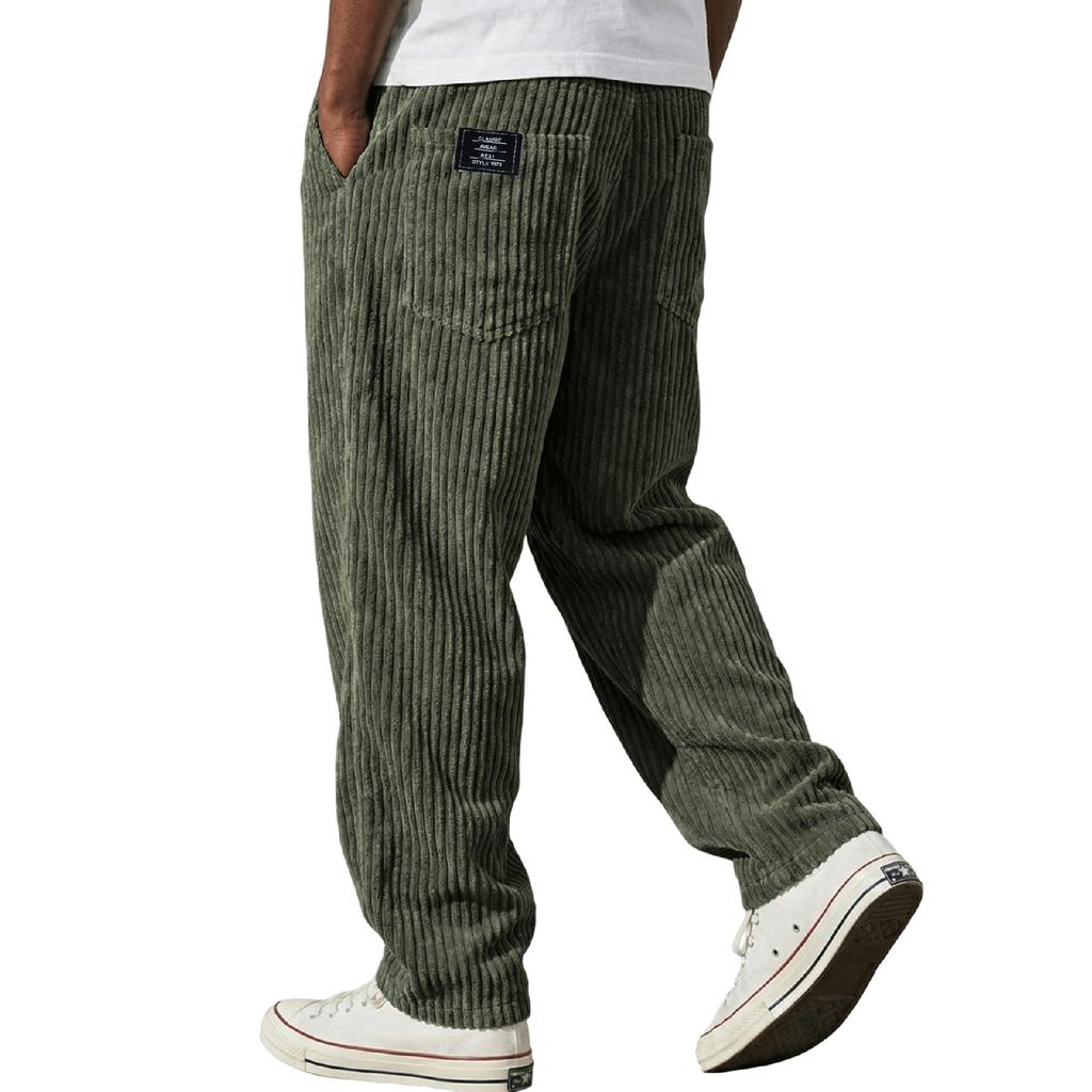 Men's Relaxed Fit Straight Leg Casual Pants with Vertical Stripe Pattern Back Patch Two Rear Pockets Elastic Waistband Durable Fabric Trousers