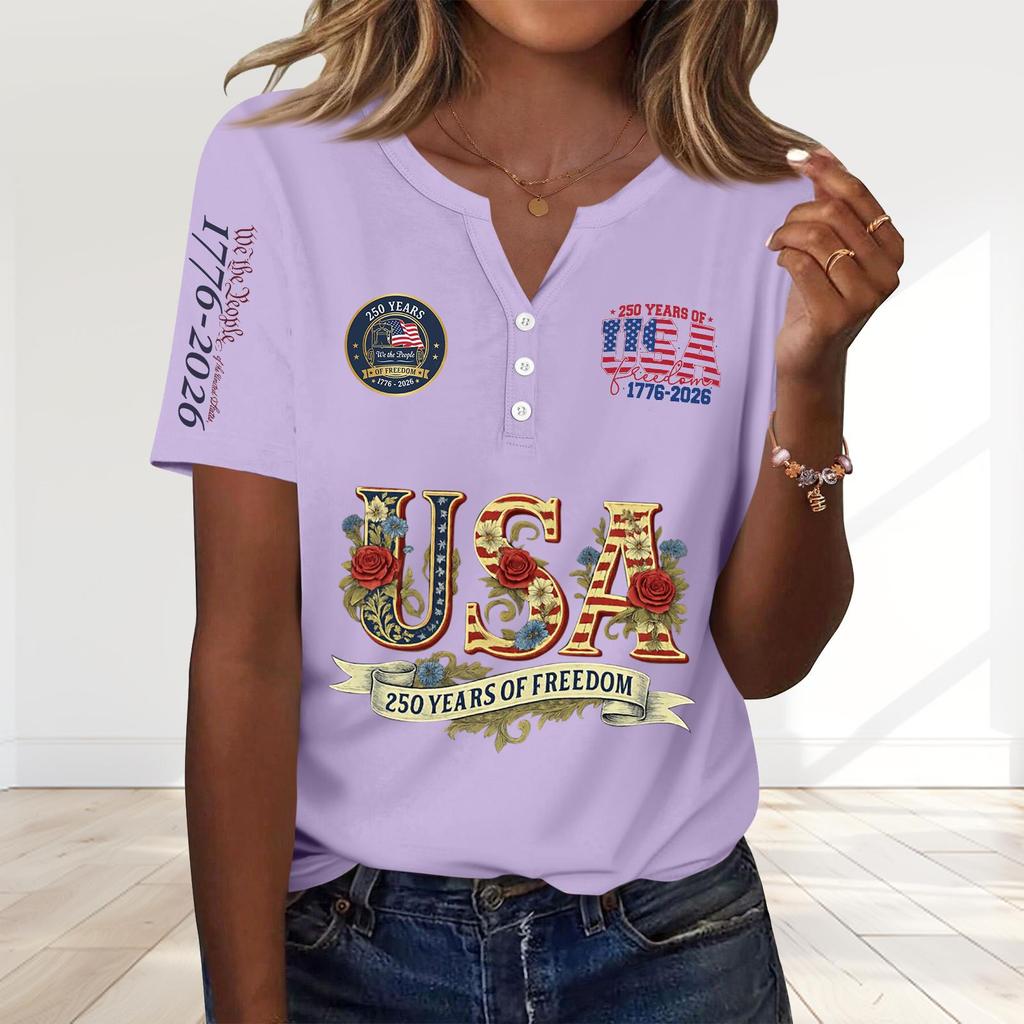 Damenmode Lässig 250. Jahrestag Unabhängigkeitstag Druck V-Ausschnitt Kurzarm Dekoriert Knopfleiste T-Shirt