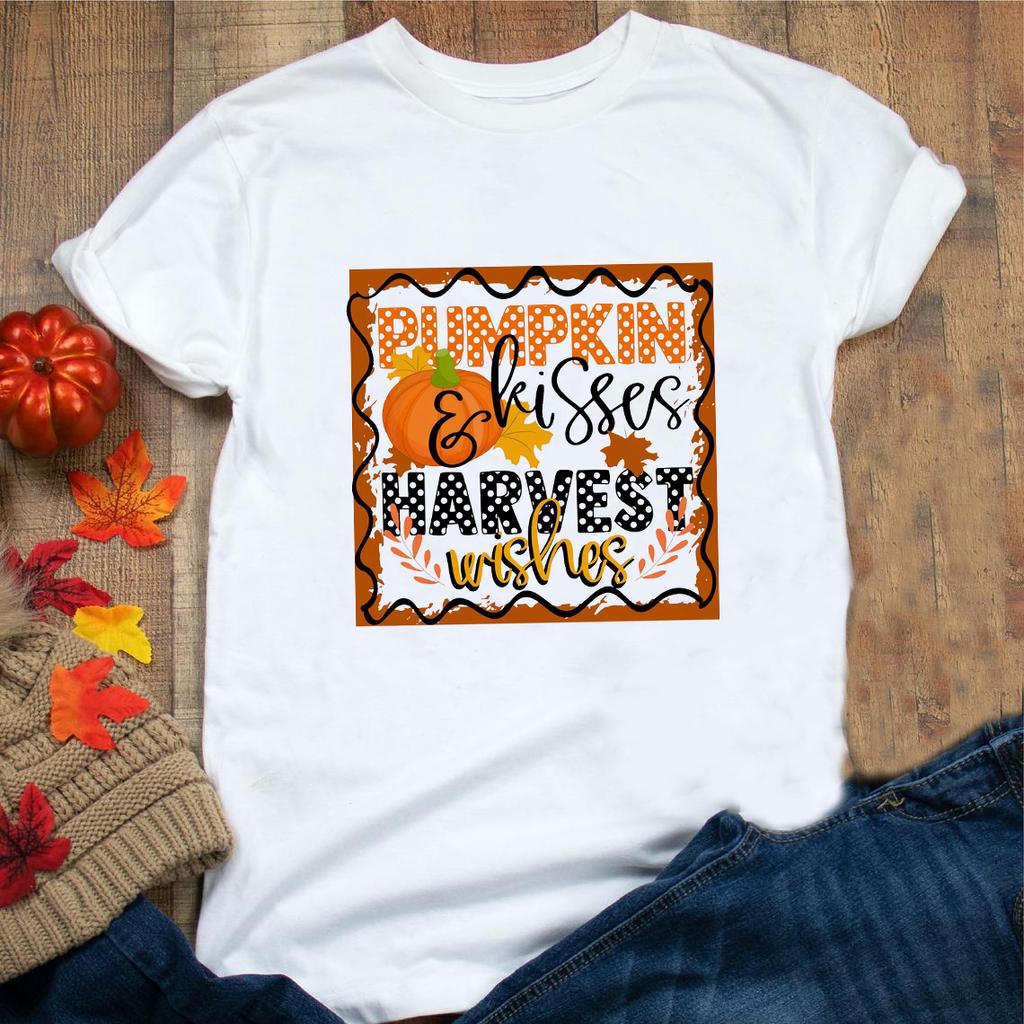 Halloween Be Thankful Pumpkin Print Women White T Shirt Sweet Fall Greatful Blessed Female Short Sleeve