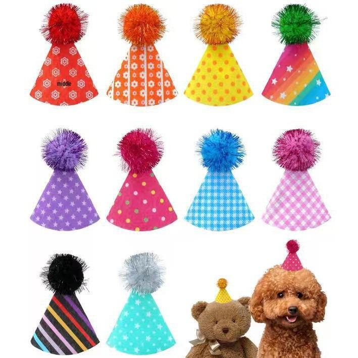 Mini Pom-Pom Printed Birthday Hat for Small Dogs