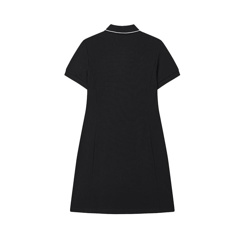 FILA Original Solid Color Comfortable Casual Versatile Polo Collar Short Sleeve Dress Women Dresses Black F51W529316F-BK