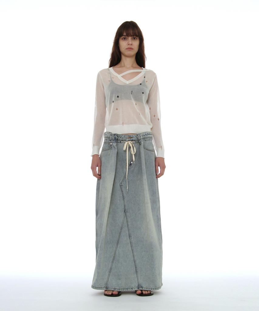 Partimento Woman Drawstring Denim Maxi Skirt_Light Blue