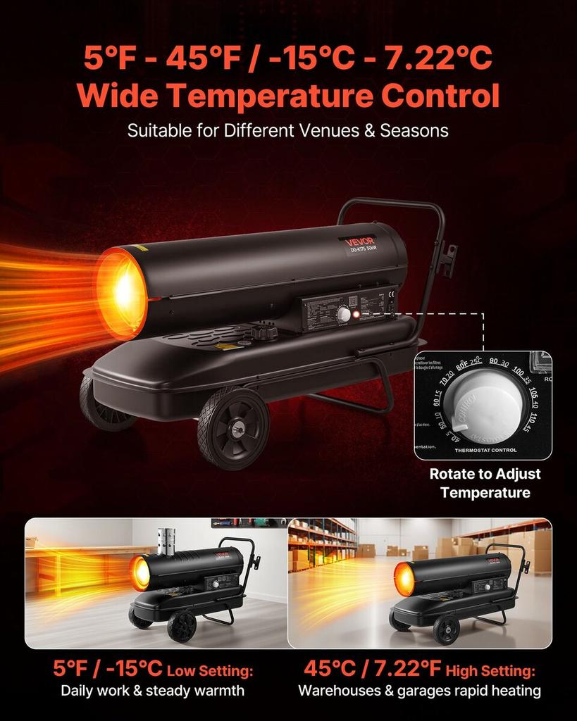 50kW Forced Air Kerosene Diesel Heater, Portable Torpedo Space Heater with Wheels & Adjustable Temp, Blower-Type for Jobsite/Garage/Warehouse/Workshop