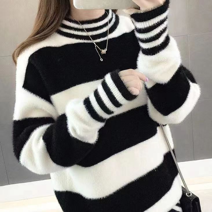 Autumn and winter velvet thickened thermal pullover semi-turtleneck sweater female student Korean version loose striped bottoming shirt