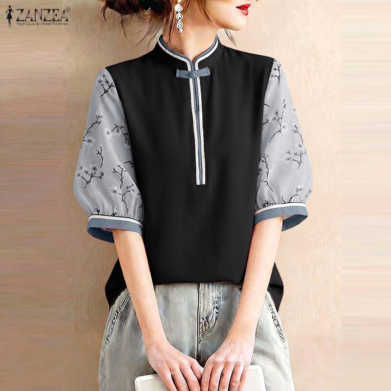 ZANZEA Women Casual Stand Collar Splice 3/4 Sleeve Loose Blouse
