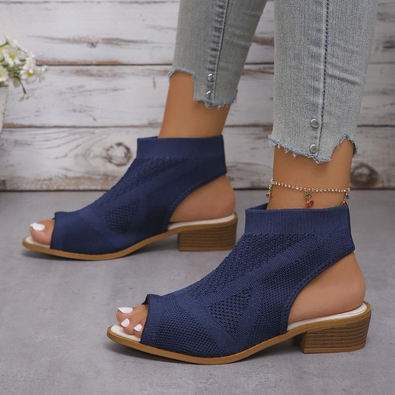 Fashion Knitted Hollow Thick Heel High Heel Women's Fish Mouth Sandals One Pedal New High Heel Sandals