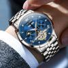 OLEVS Men's Mechanical Automatic Winding Watch with Moon Phase, Stylish Skeleton Design, Waterproof, Luminous Hands, Blue
