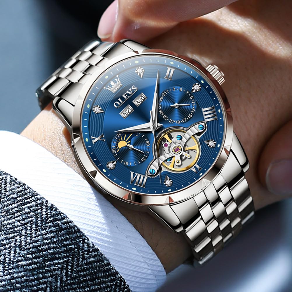 OLEVS Men's Mechanical Automatic Winding Watch with Moon Phase, Stylish Skeleton Design, Waterproof, Luminous Hands, Blue