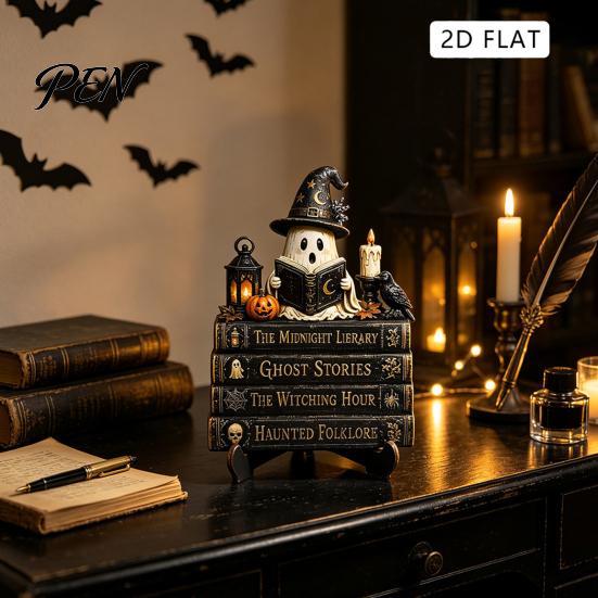 Cute Ghost Figurine Halloween Reading Figurine, Wooden Desktop Ornaments, Vintage Style Window Ornaments Statue with Stand for Home Tabletop Fireplace
