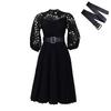 Women's Mock Neck Three Quarter Sleeve Midi Dress Loose Fit High Waist Elegant Hollow Lace Pleated A Line Dress Party Formal Dress