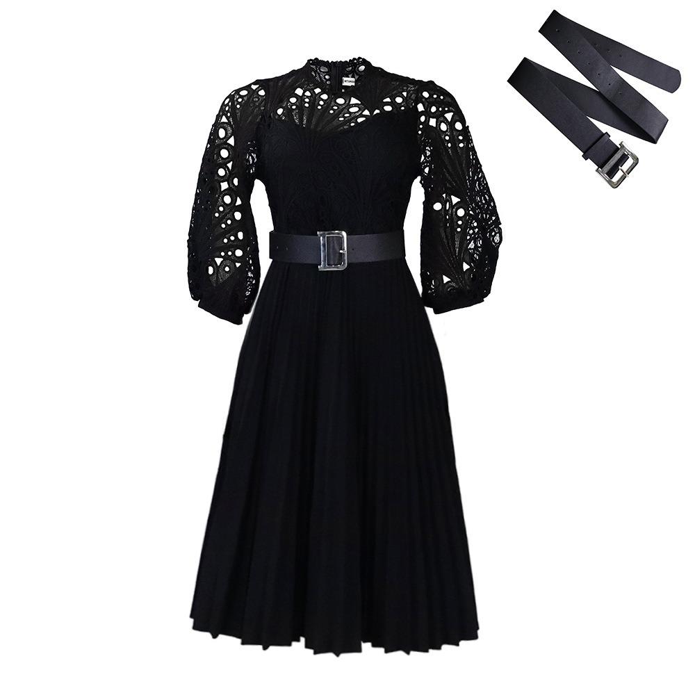 Women's Mock Neck Three Quarter Sleeve Midi Dress Loose Fit High Waist Elegant Hollow Lace Pleated A Line Dress Party Formal Dress
